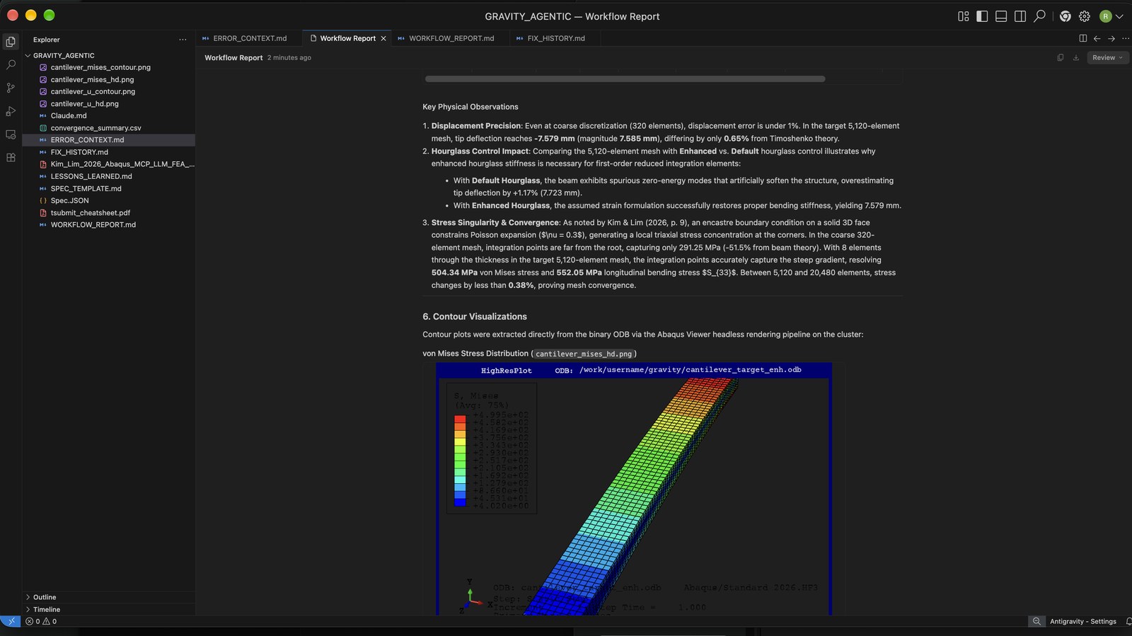 Google Antigravity workflow report for the same cantilever beam task, using Gemini 3.8 Flash