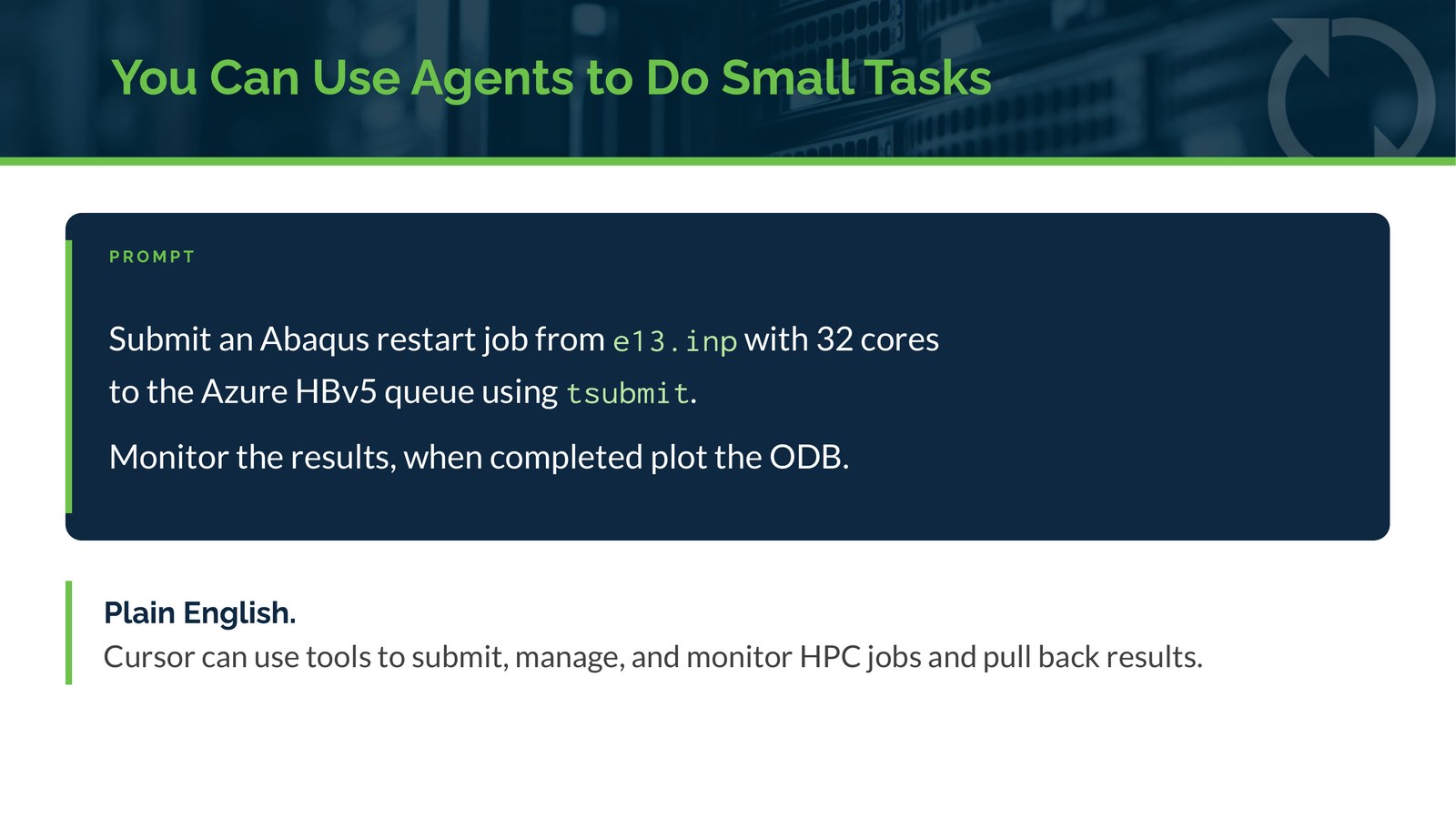 Slide showing the plain-English prompt: Submit an Abaqus restart job from e13.inp with 32 cores to the Azure HBv5 queue using tsubmit. Monitor the results, when completed plot the ODB.