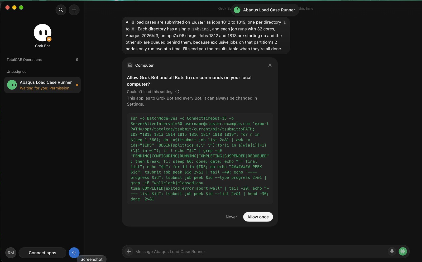 Grok Bot showing all eight load cases submitted and an approval prompt asking whether to allow a tsubmit monitoring command over SSH