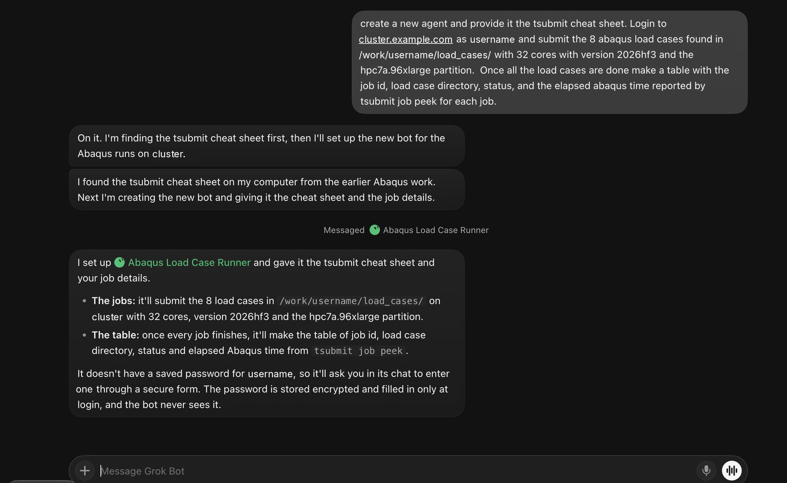 Grok Bot chat where the main bot creates an Abaqus Load Case Runner bot, gives it the tsubmit cheat sheet, and summarizes the job details